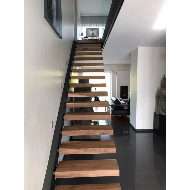 custom.Black Wooden Indoor Prefabricated Metal Stairs Glass Railing Floating Stairs