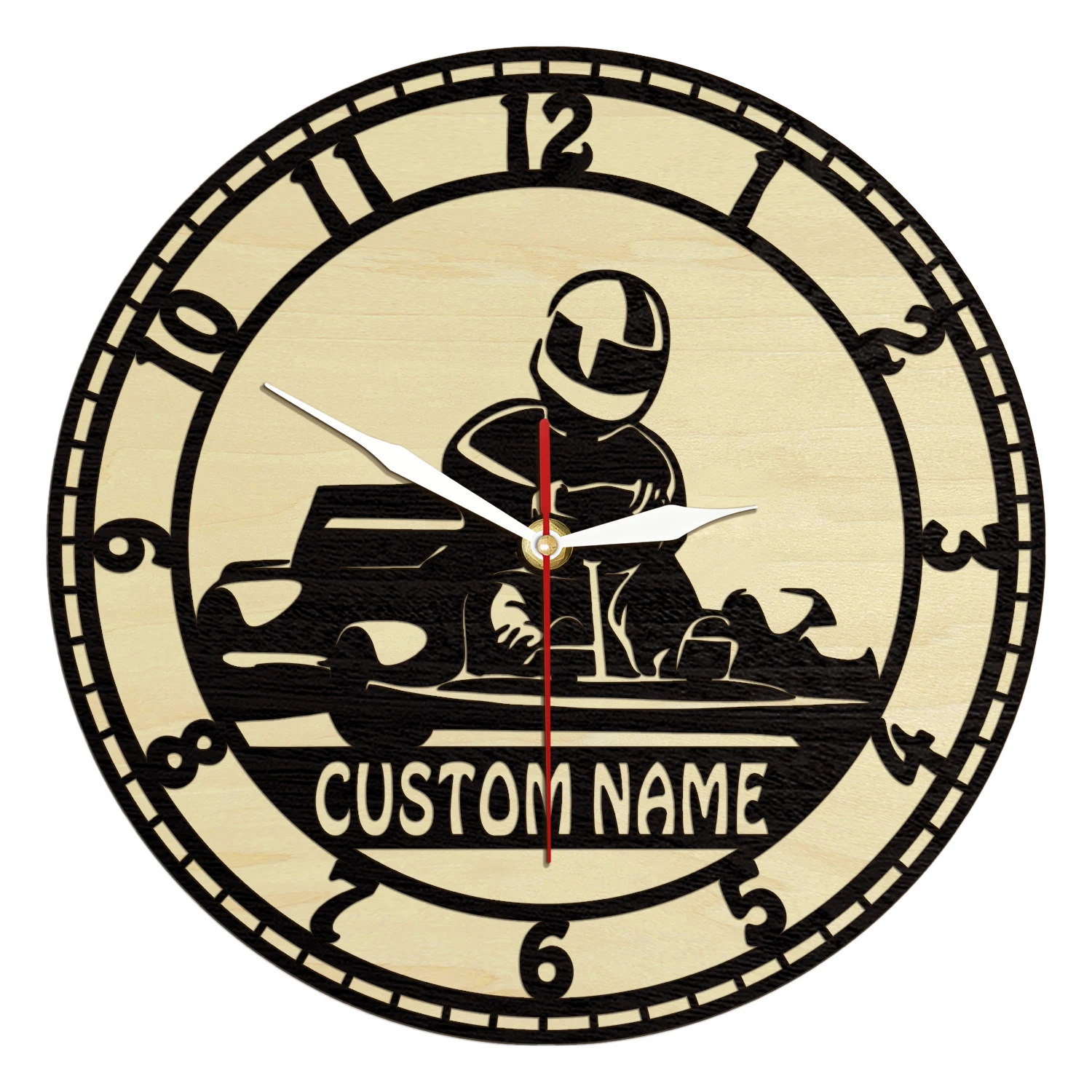 Custom Racing Flag Go Kart Racing Wooden Frame Wall Clock Personalized Racer Name Go Kart Biker Home Decor Natural Wood Clock