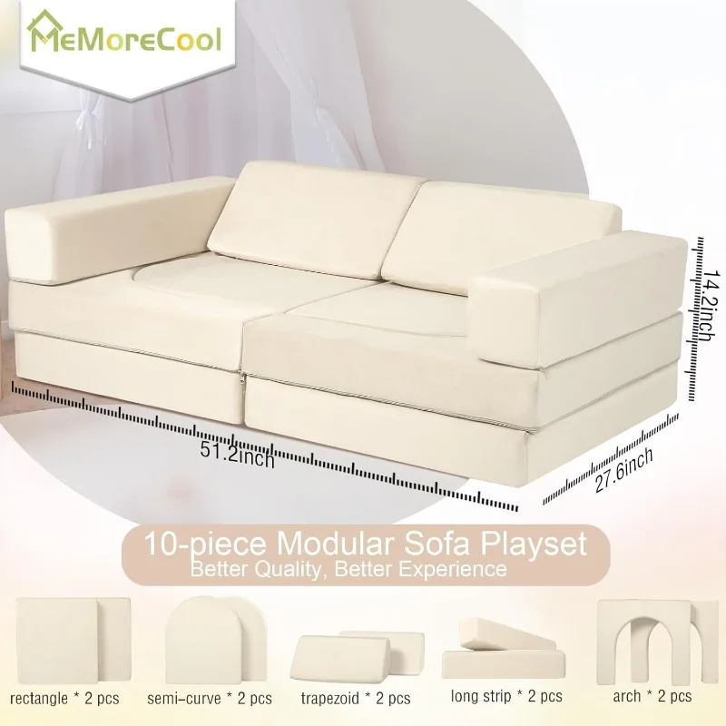 Modular Kids Play Couch, 10-Piece Fold Out Toddler Couch for Playroom, Convertible Foam Sofa Set, Beige