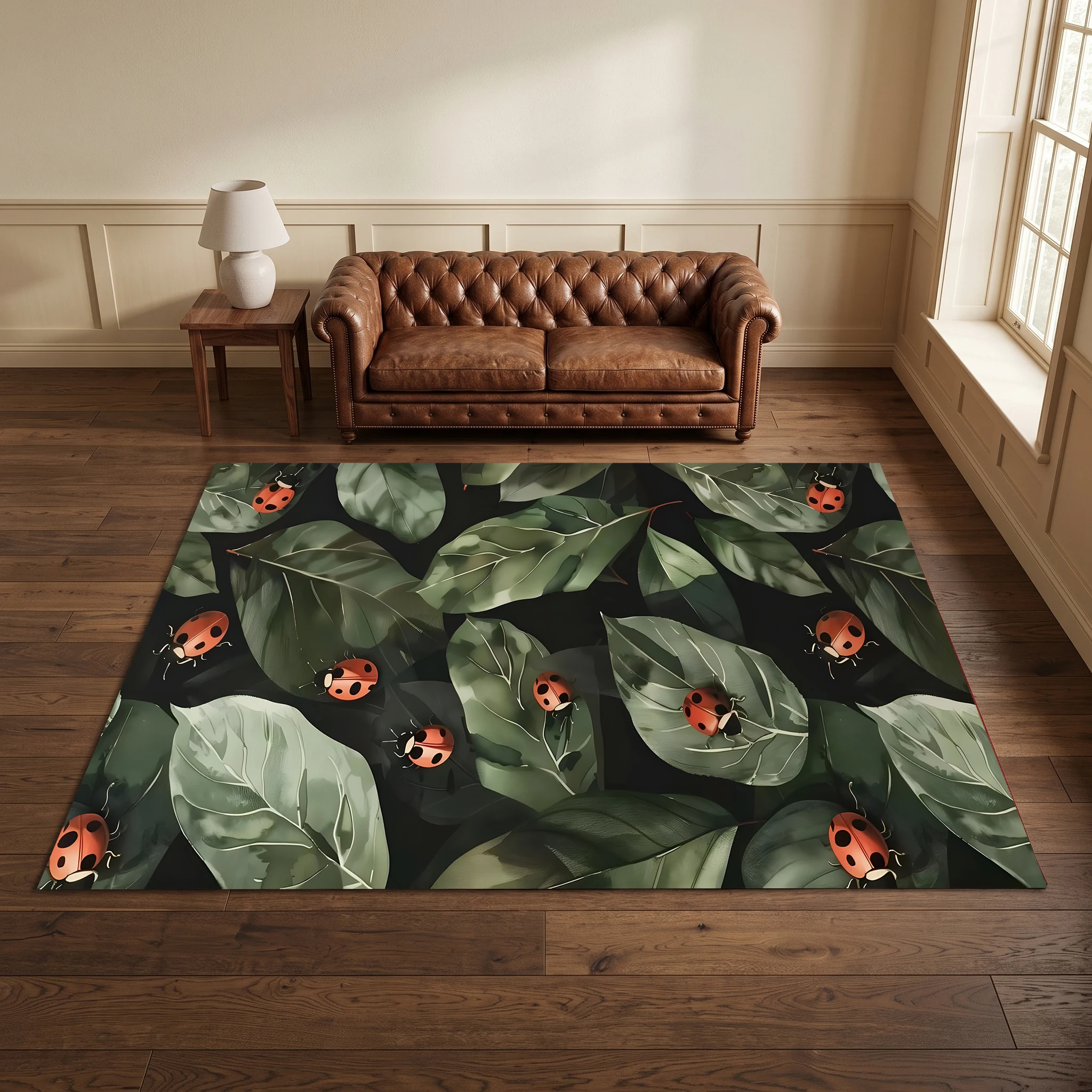 A Natural, Forest-Themed Velvet Rug with a Green Leaf and Ladybug Print, Suitable for the Living Room, Bedroom, and Entryway, Creating a Warm and Cozy Autumn Harvest Atmosphere