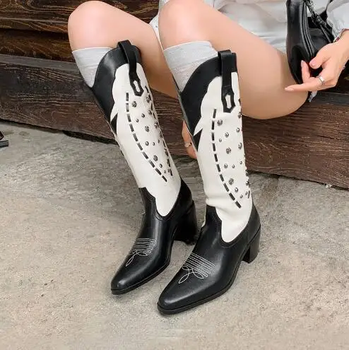 

Fall Women Black White Patchwork Embroidery Rivet Pointed Toe Tube Slip On Knee High Boots Square Heels Cowboy Long Boots Shoes