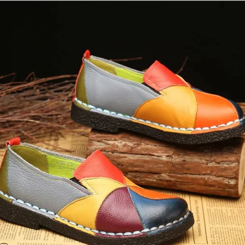 Mixed Color Women Loafers Retro Women Flat Shoe Soft Ladies Slip-ons Patchwork Women Moccasins Large Size 43 Rasteiras Femininas