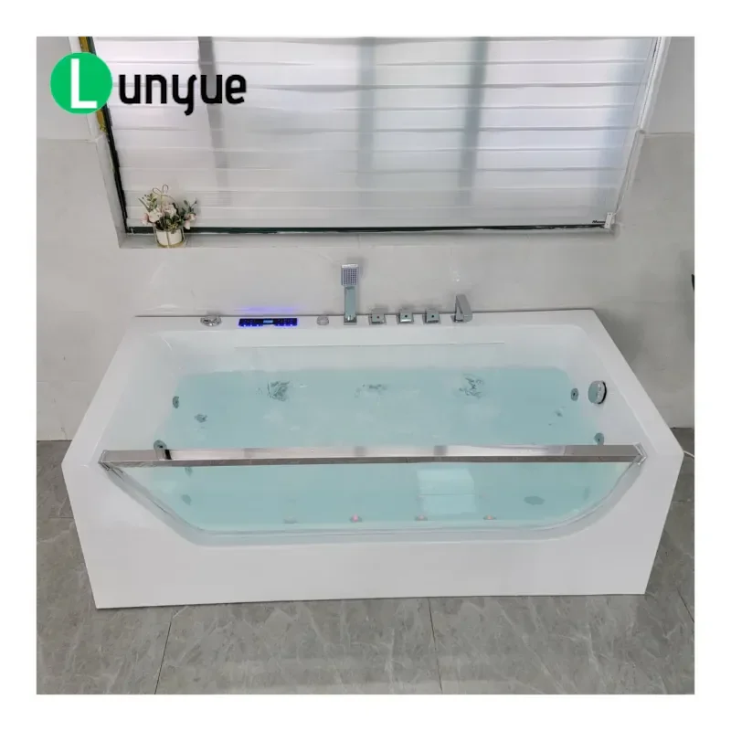 Luxury Grand Falls Acrylic Freestanding Bathtub with Side Glass Panel Computer Control Smart Spa for Modern Bathroom