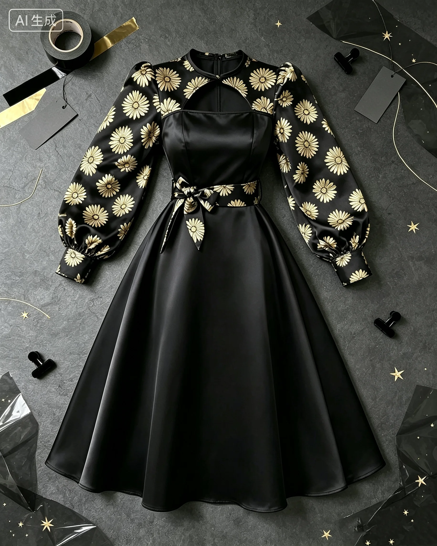 Goldenes Blumen-Abendkleid Luxuriöser Eleganter Stil mit Ausschnitt und Spitzenärmeln Glockenförmiger Satin-Körper Formelles Kleid für Festliche Anlässe – Detail 2