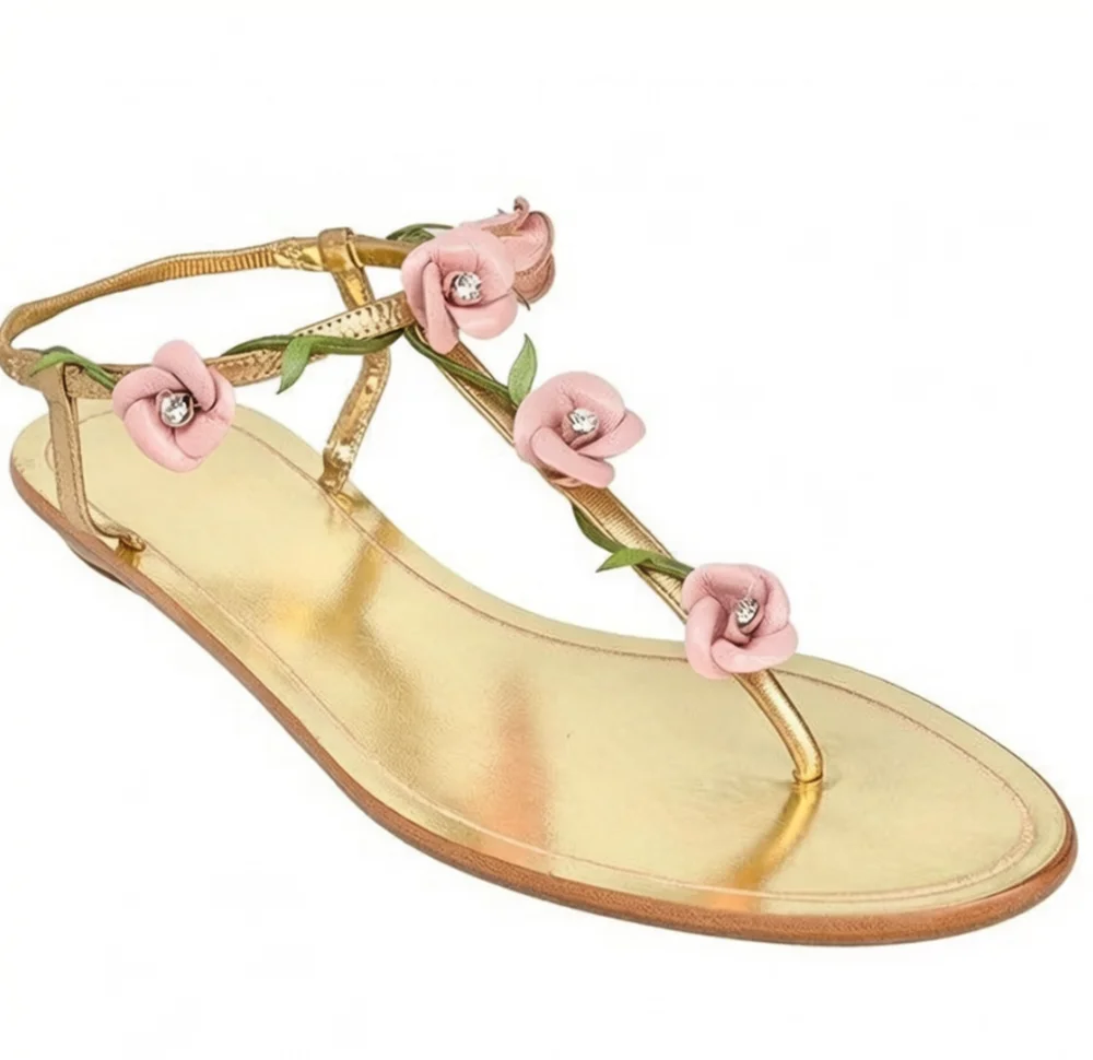Ligh Color Floral Thong Slingback Flat Sandals Thin Straps Design Pink Rose Flowers Green Leaf Decorated Casual Slip-On Sandals