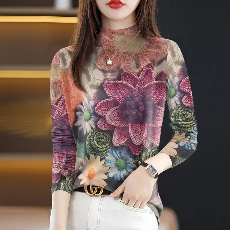 plus Size Women's Thickened Fleece Lined Half High Collar Long Sleeve T-shirt Printed Loose Slimming Concealing Base Shirt