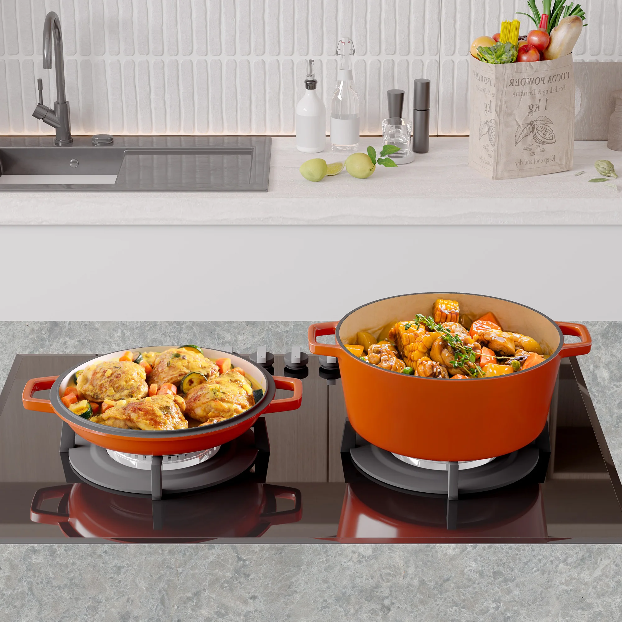 Panela holandesa de ferro fundido esmaltado 2 em 1 6QT com tampa 2QT - alças duplas grandes - segura para forno até 500 ° F - Pote redondo clássico