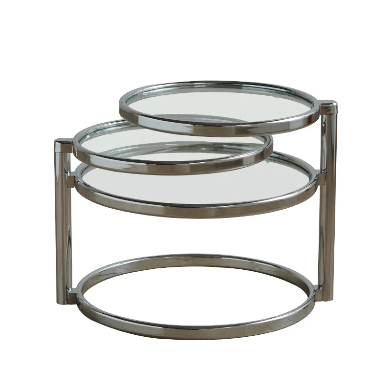 Nordic household small apartment living room tea table stainless steel round rotating glass coffee table