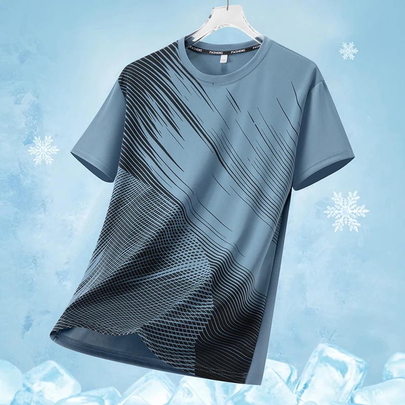Summer Men's Casual Versatile Short Sleeved T-Shirt, Trendy and Breathable Ice Silk Quick Drying Sports Top, Running Shirt