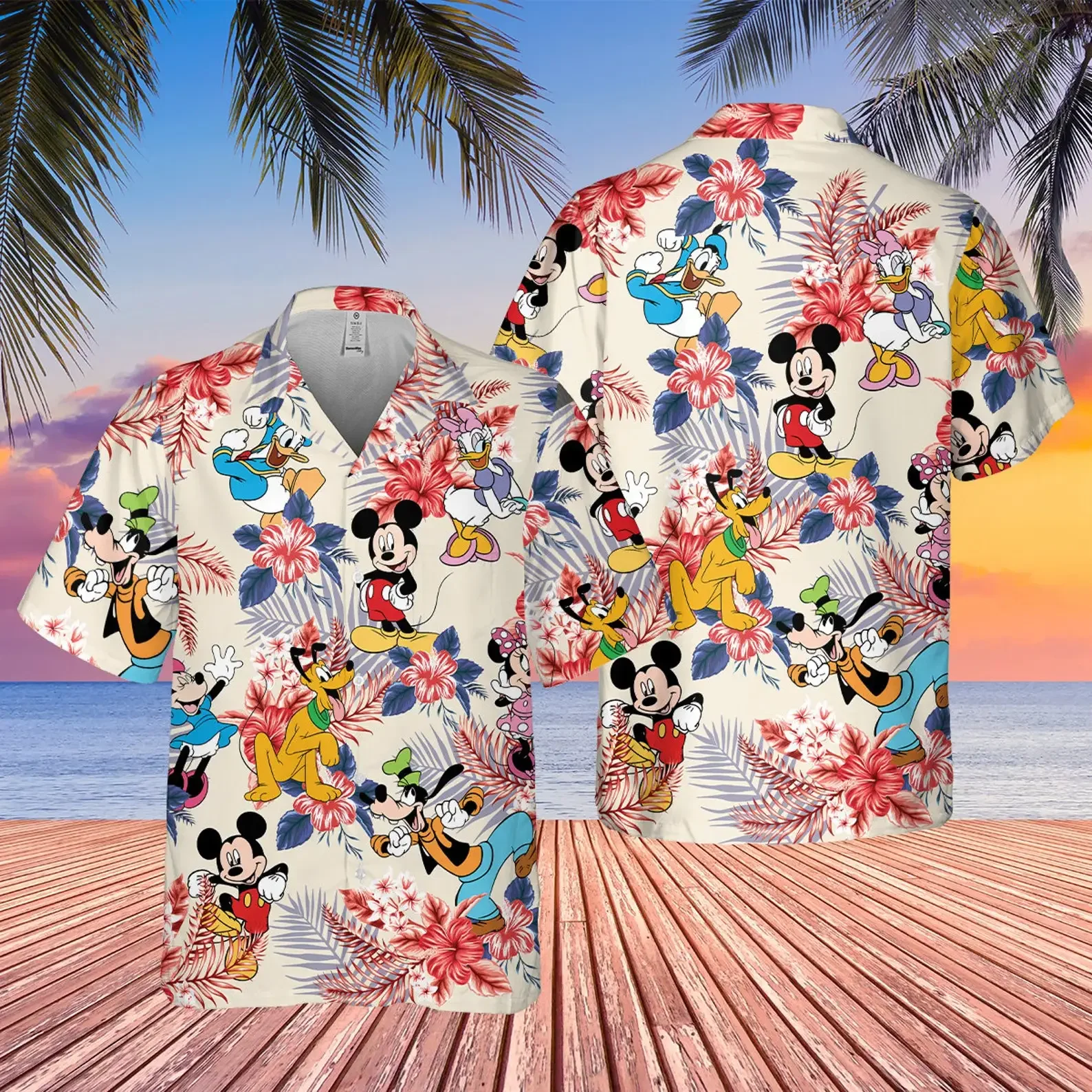 Camisa havaiana masculina e feminina de mickey mouse, camisa de botão infantil, manga curta, casual, praia, moda Disney