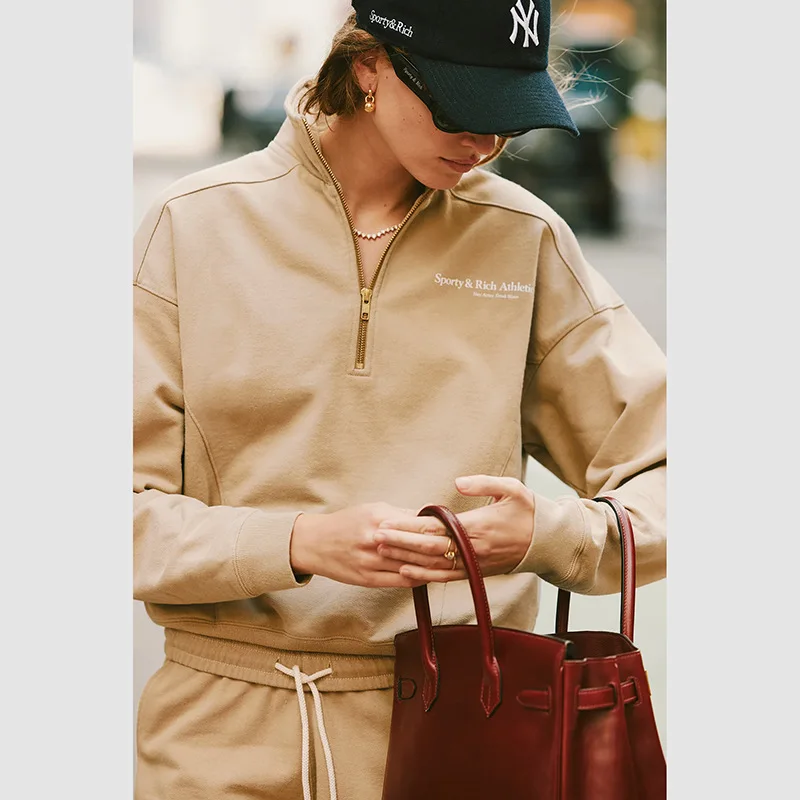 

Autumn and winter new North American niche printed zipper chest stand up collar fleece women's sports hoodie