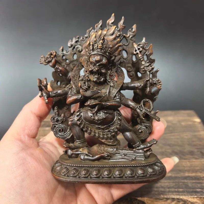 Chinese Retro Six‑Armed Mahakala Statue Vintage Metal Tibetan Dharma Protector Figurine Desktop Ornament Altar Decor Craft Gift