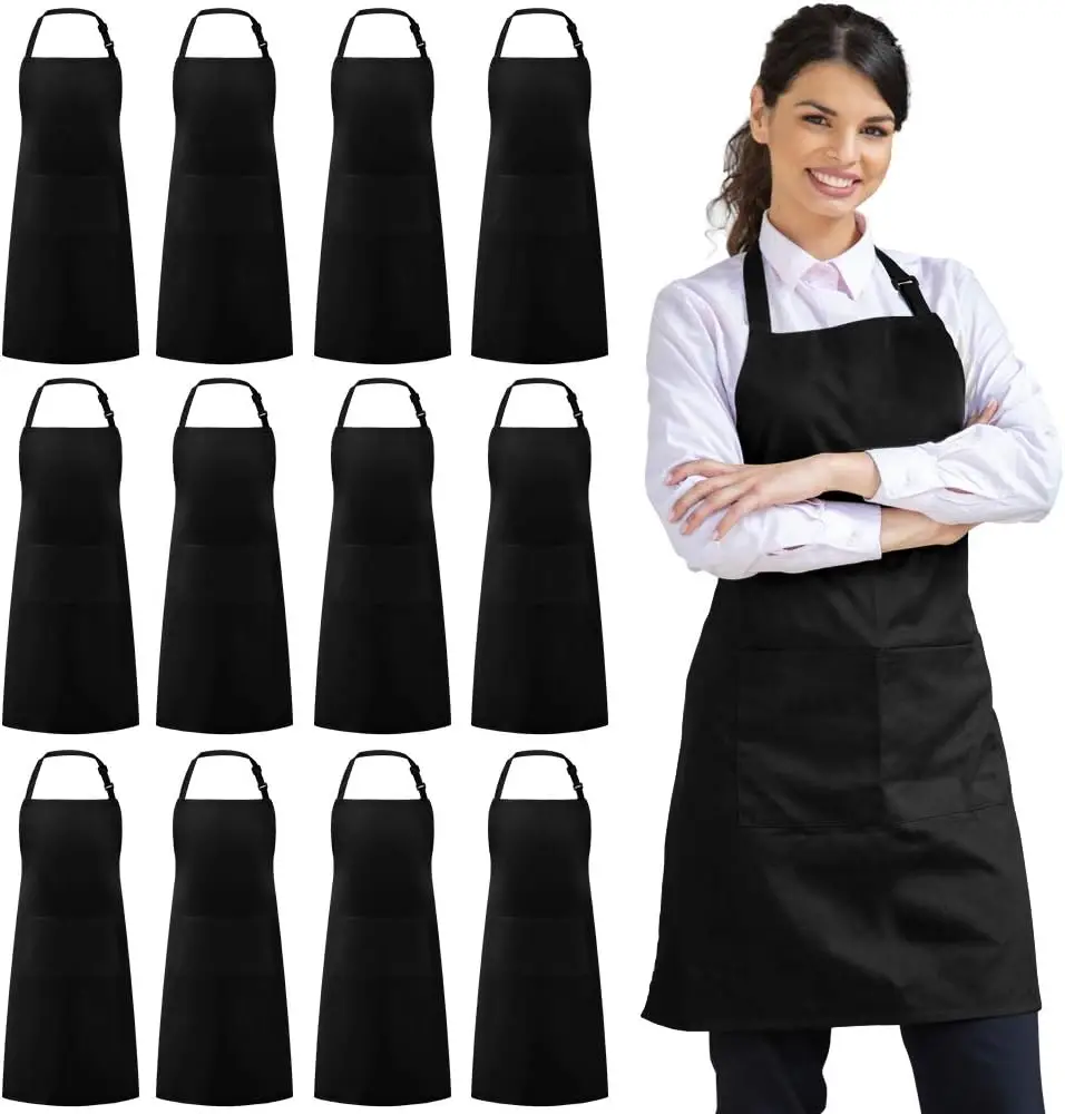 

12 Pack Bib Apron, Unisex Adjustable Waterdrop Resistant with 2 Pockets, Cooking Kitchen Apron for Chef BBQ