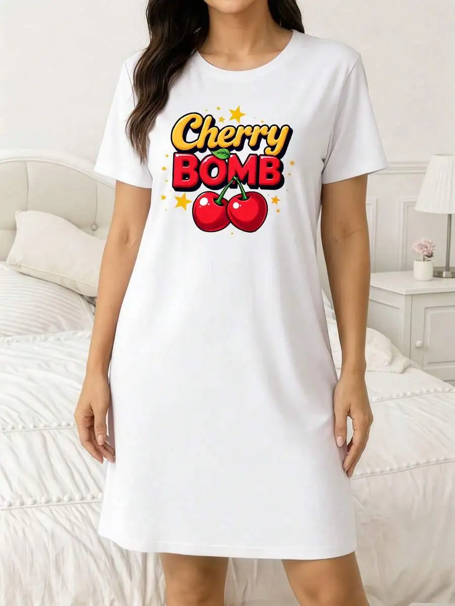 

Womens Cherry Bomb Print Nightgown Soft Breathable Loose Fit Short Sleeve Round Neck Pajama Dress Casual Loungewear