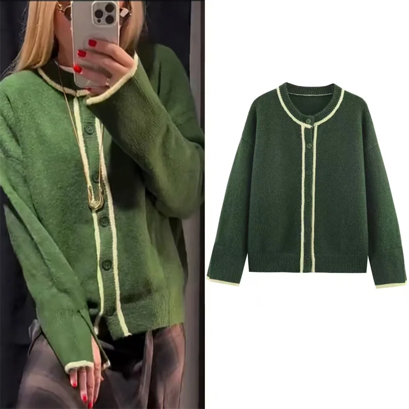

Women's Jacket 2025 Winter New Style Green Long-Sleeve Round-Neck Slim Simple Knit Cardigan Jacket Casual Fashion Versatile