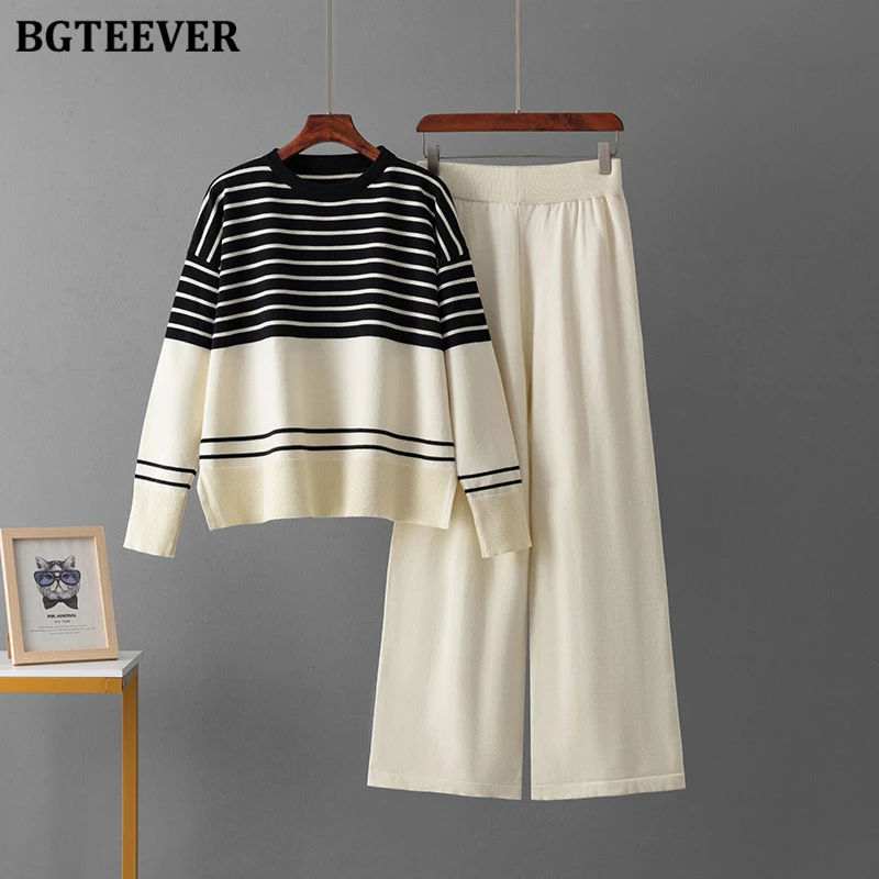 BGTEEVER Casual Loose Women 2 Pieces Knitted Outfits O-neck Long Sleeve Striped Pullover Sweaters & Wide Leg Pants Autumn Winter