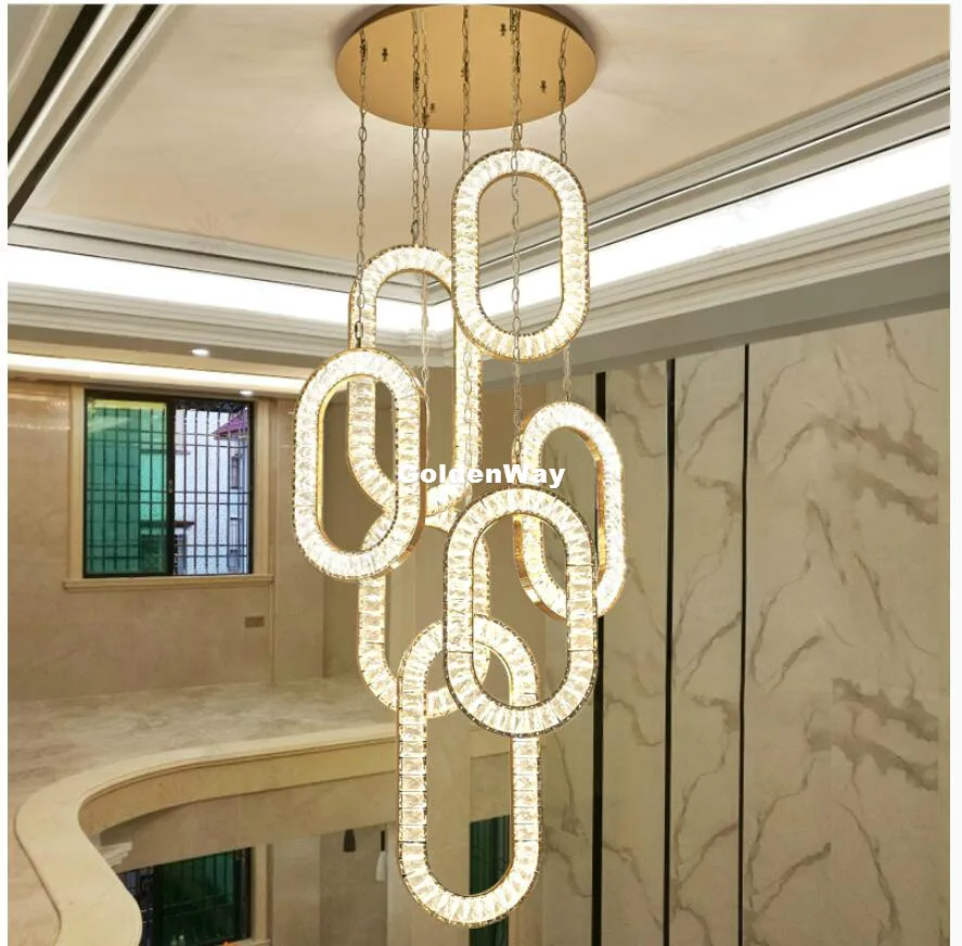 Modern Double Staircase Large Crystal Pendant Lamp D60cm Villa Luxury Stainless Steel LED Long Crystal Living Room Chandelier