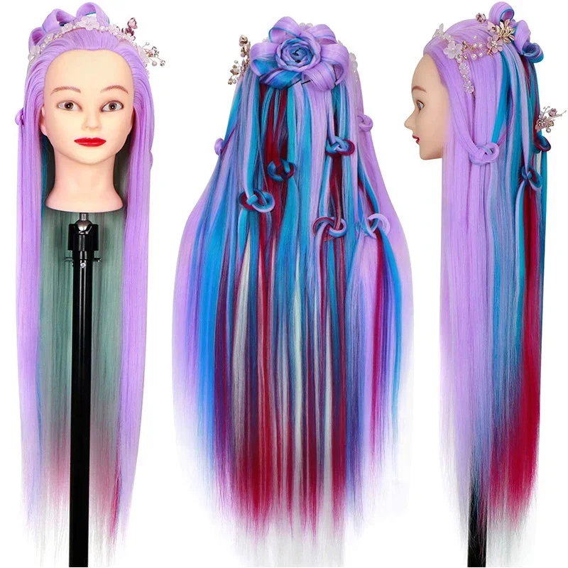 Mixed color long synthetic hair model hair cutting practice, doll head weaving practice
