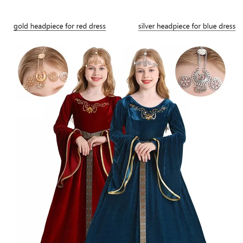 New Cosplay Renaissance Medieval Princess Dress Robe Costume for Girls 4-12T Red Blue with Headpiece 3pcs Set Party Outfits
