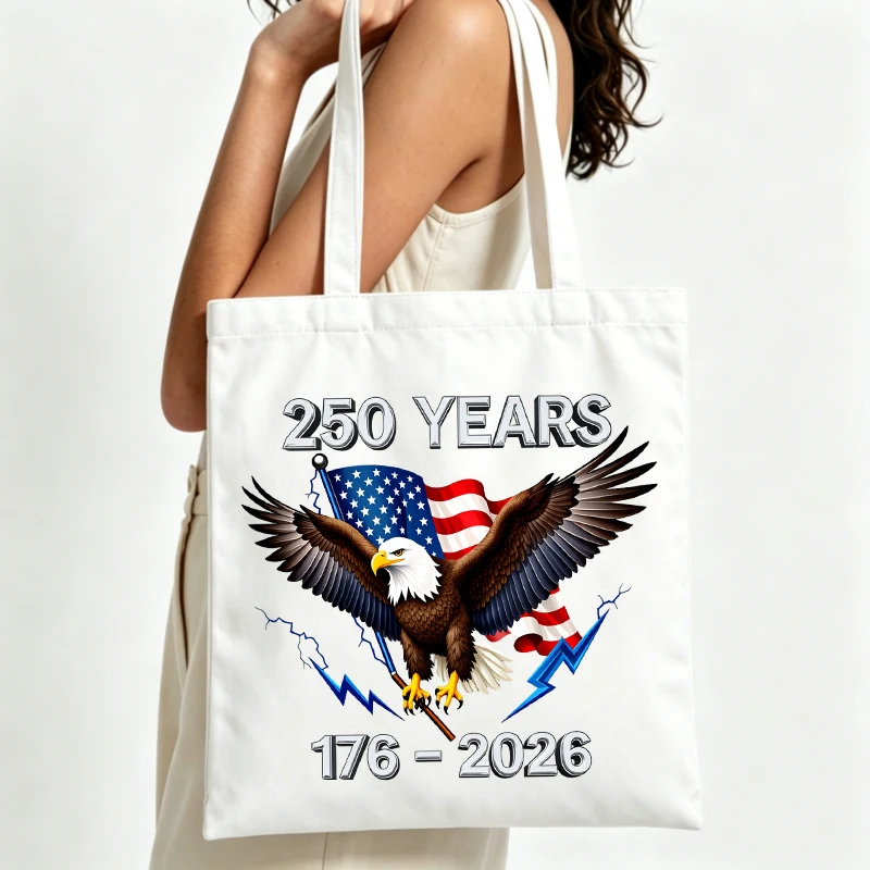 Women's eagle and American flag print canvas tote bag, casual style for daily shopping and outdoor outings
