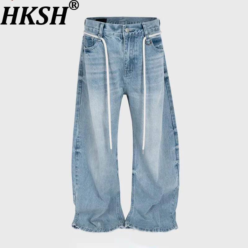 

HKSH Spring Summer New Men American Retro Ins Fashion Washed Distressed Jeans High Street Drawstring Straight Denim Pants HK7533