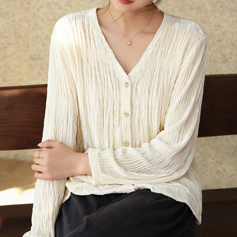 Birdtree, Silk Blended Velvet Cardigan, V-neck Long Sleeve Tops, Single Breasted, Women Ruffle Loose 2026 Autumn Coat T69315JF