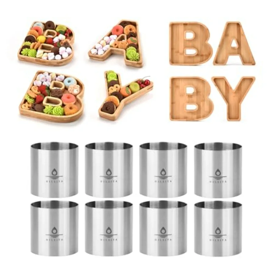 

8 Pcs 2 Inch Seamless Cake Ring Molds + Wooden Baby Serving Tray Set