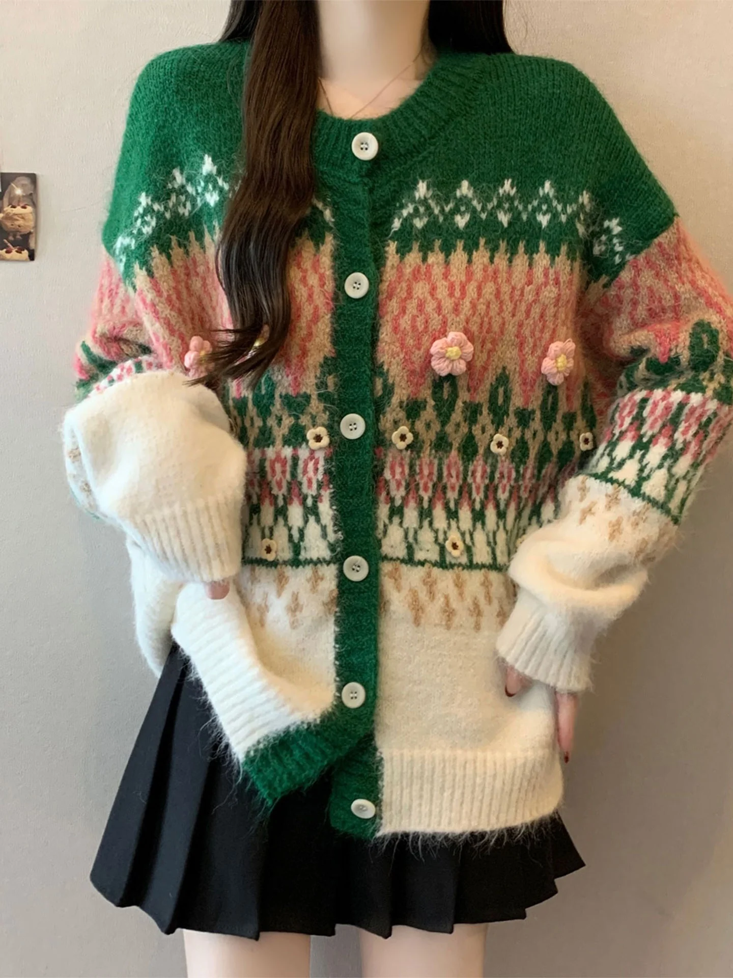 

een Fair Isle Long Sve свитер Jaet женский зимний большой размер толстый мм 3D цветок антивозрастной открытый кардиган топ повседневный Sle