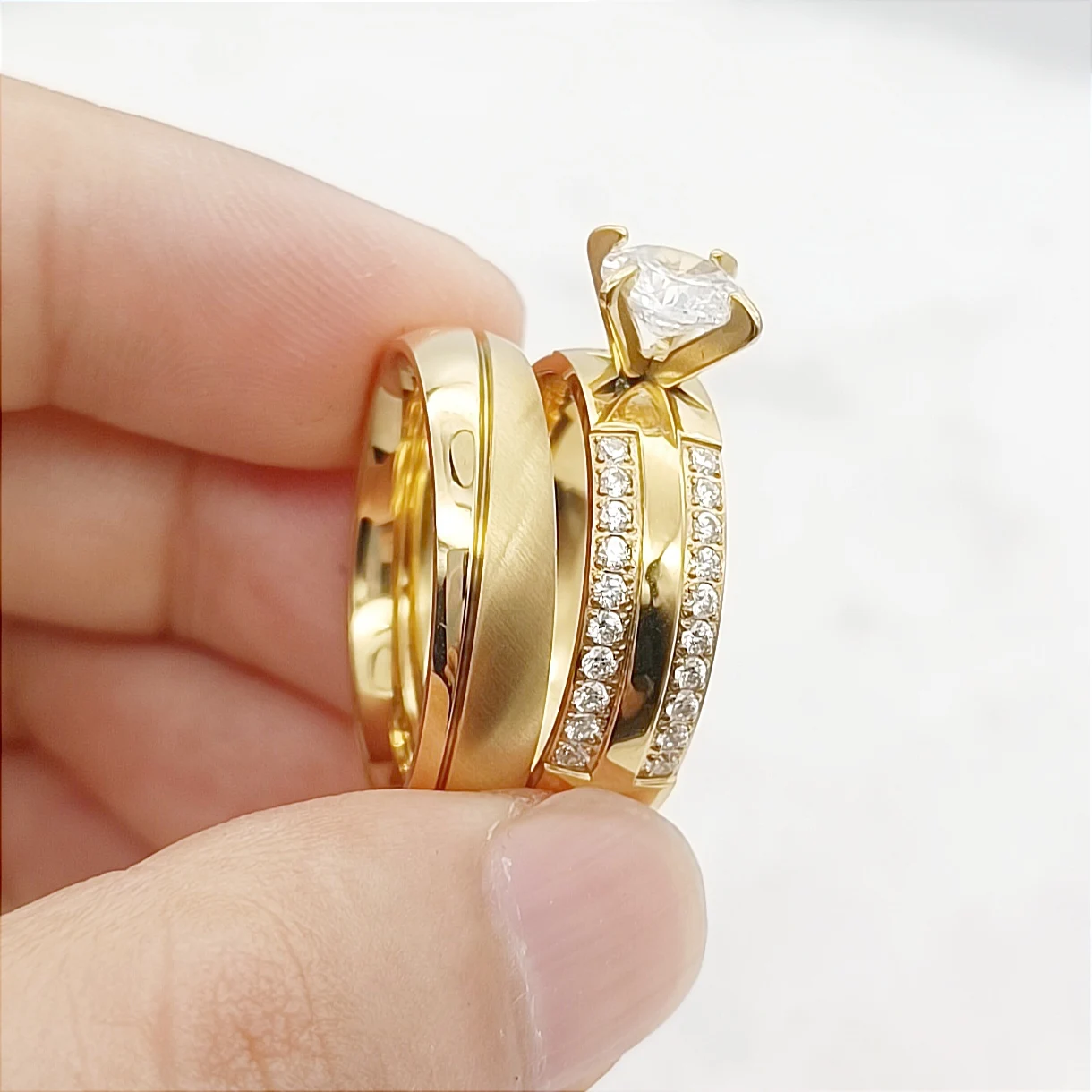 Conjuntos de anillos de compromiso de boda con declaración de promesa para niñas y niños, joyería de acero inoxidable chapada en oro de 24k, Diamante cz