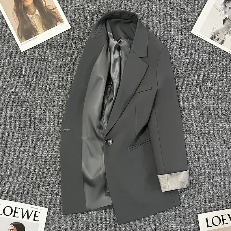 Women's Grey High-Quality Vintage Blazer 2025 Autumn New Suit Jacket with Unique Cuff Design Elegant