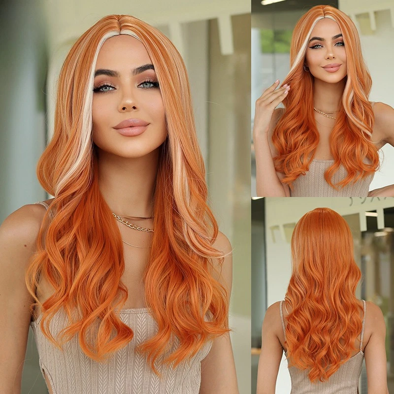 

High temperature silk female wig, orange gold gradual change highlights big waves