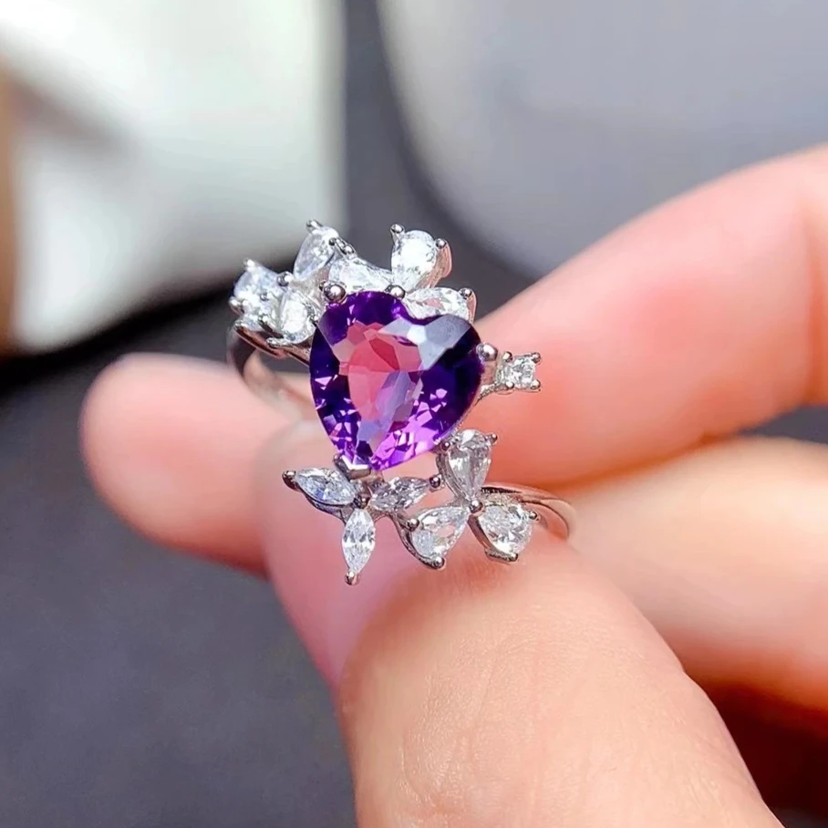 

Natural Amethyst Ring 8mm 1.5ct Heart Shape Amethyst Silver Ring Real 925 Silver Crystal Jewelry for Girl