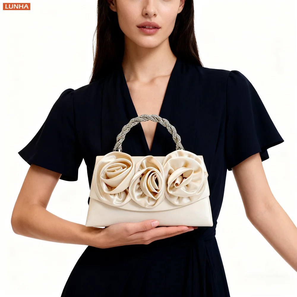 

Luxury Evening Clutch Bag for Women Silk Satin Rose Flower Shoulder Purse Wedding Party Handbag with Chain