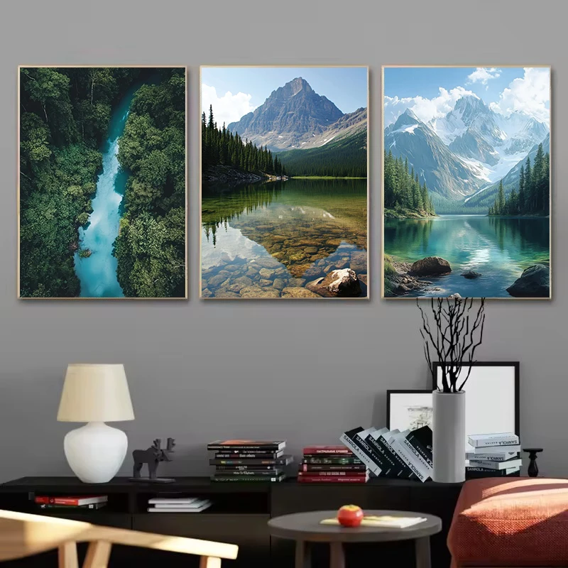 Peaceful Lake Forest Waterfall Stone Mountain Zen Landscape Nature Scenery Poster Canvas Painting Wall Pictures Home Decor
