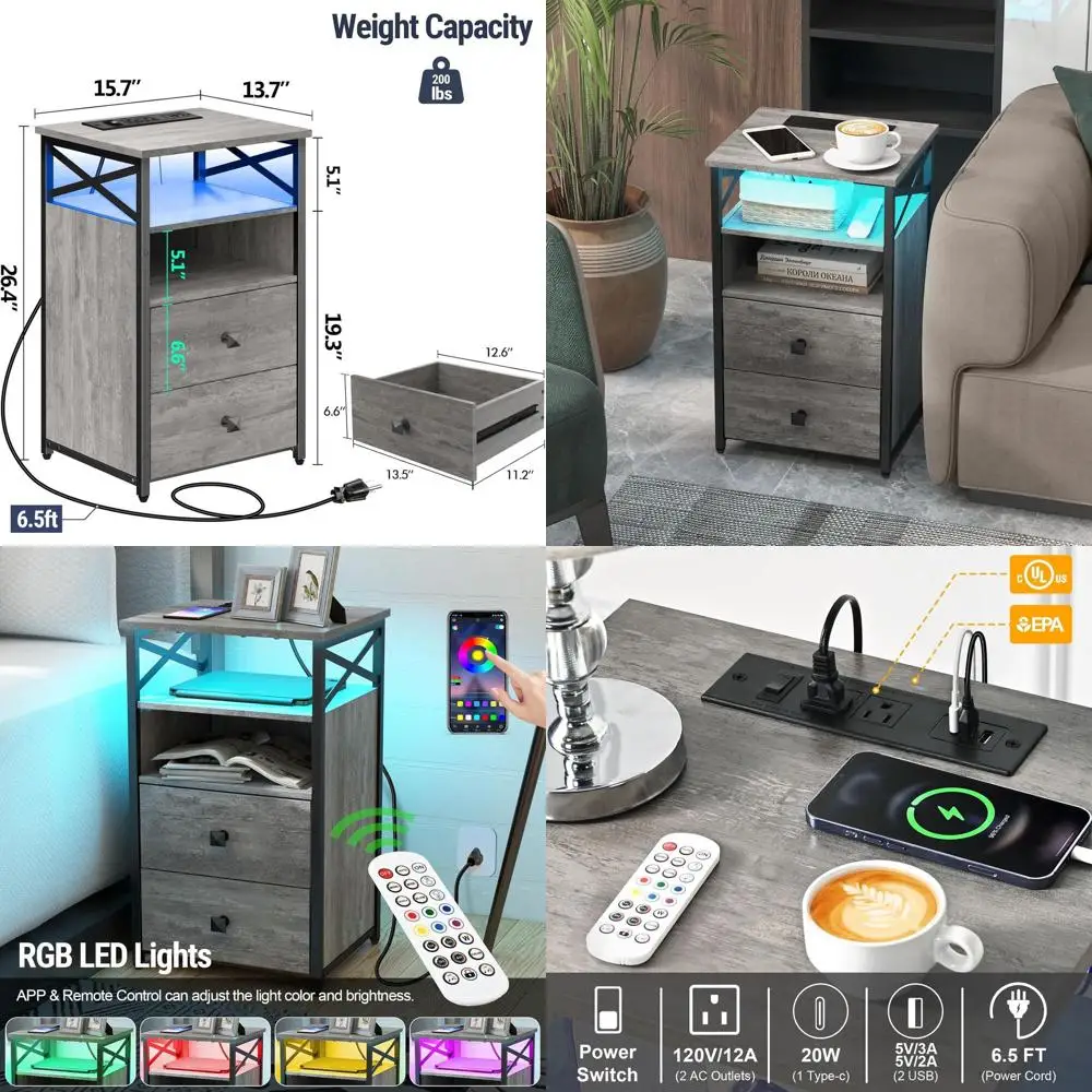 Gray LED Nightstand with Charging Station, Wooden Drawers, and Side Tables for Living Room with Outlets, Farmhouse Style End Tab