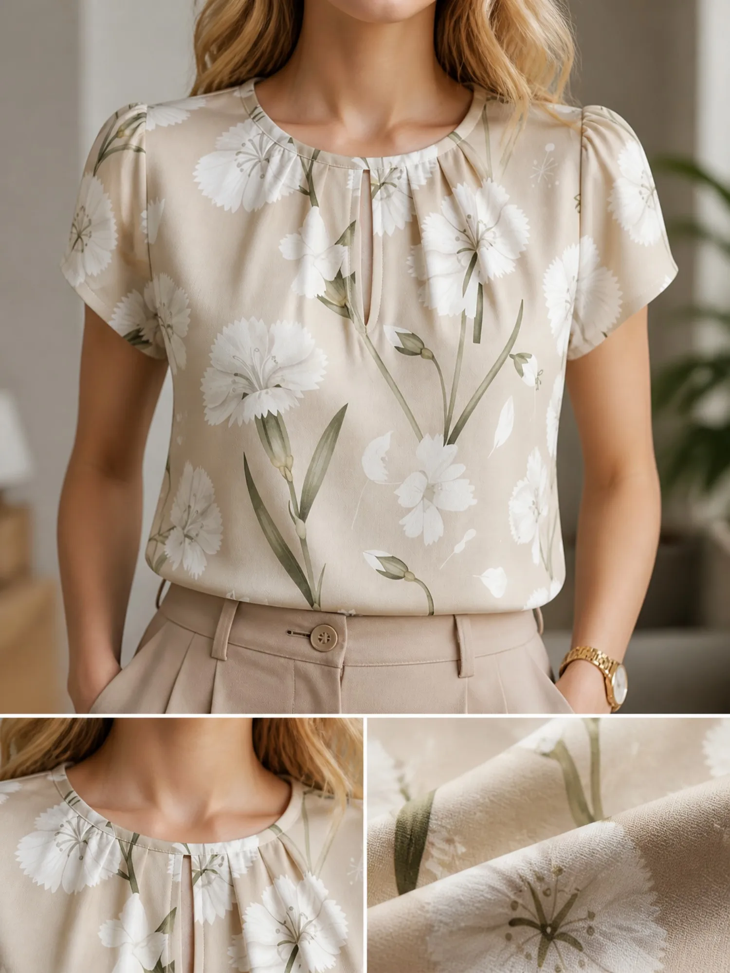 Chemisier élégant à manches courtes et col en V pour femme, imprimé floral, col rond plissé, coupe ample, léger, idéal pour l'été et le quotidien