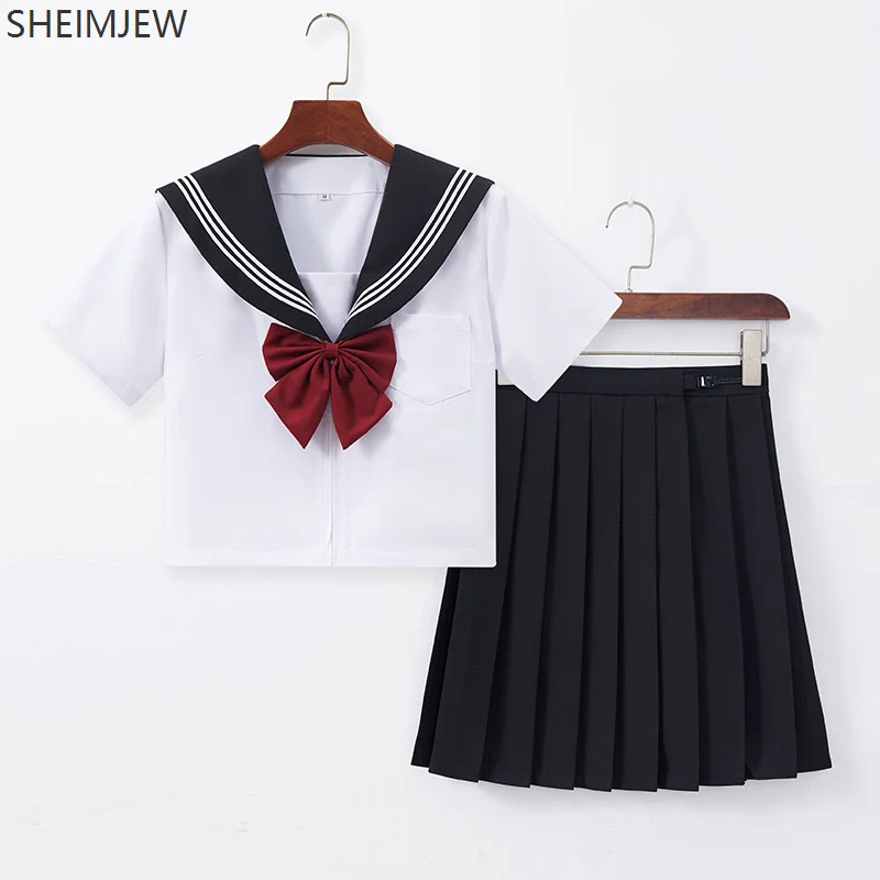 Japanese School Uniform Cute Girl Jk Suit Black Collar White Three-piece Suit Campus Sailor Suit Bow Long-sleeved Suit Uniform