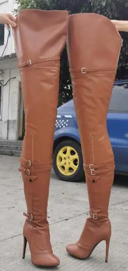 Winte Women Sexy Brown Matte Leather Extra Long Small Belt Buckles Slim Over The Knee Boots Stiletto Heels Thigh Boots Shoes