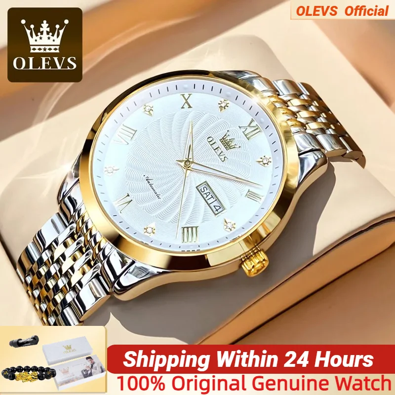 

OLEVS 6630, деловые механические часы для мужчин, ремешок для часов из нержавеющей стали, круглый циферблат, календарь недели, светящиеся часы