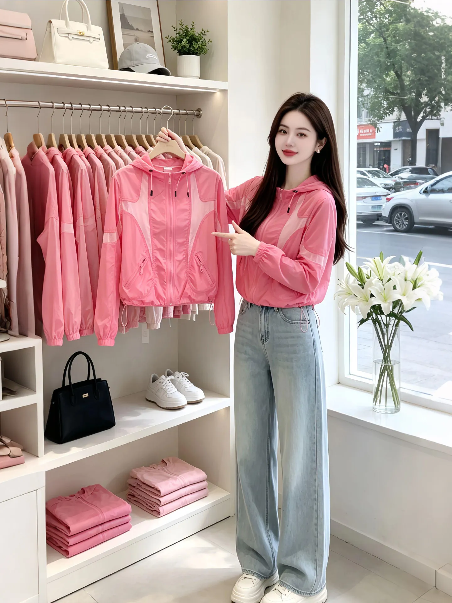 

Women's Summer Thin Outerwear Loose Fit Pink Korean Style Breathable Long Sleeve Drawstring Closure Color Commute Style