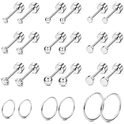 1 Pair Stainless Steel Small Tiny CZ Ball Flat Back Stud Earring Multiple Piercing Cartilage Hoop Earrings for Women Men