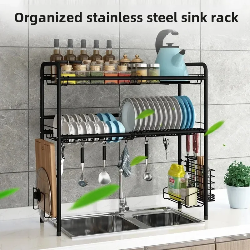 Dish Drying Rack with Hooks Over-Sink Storage for Pots and Cutlery No-Drill Kitchen Organizer with Cutting Board Holder