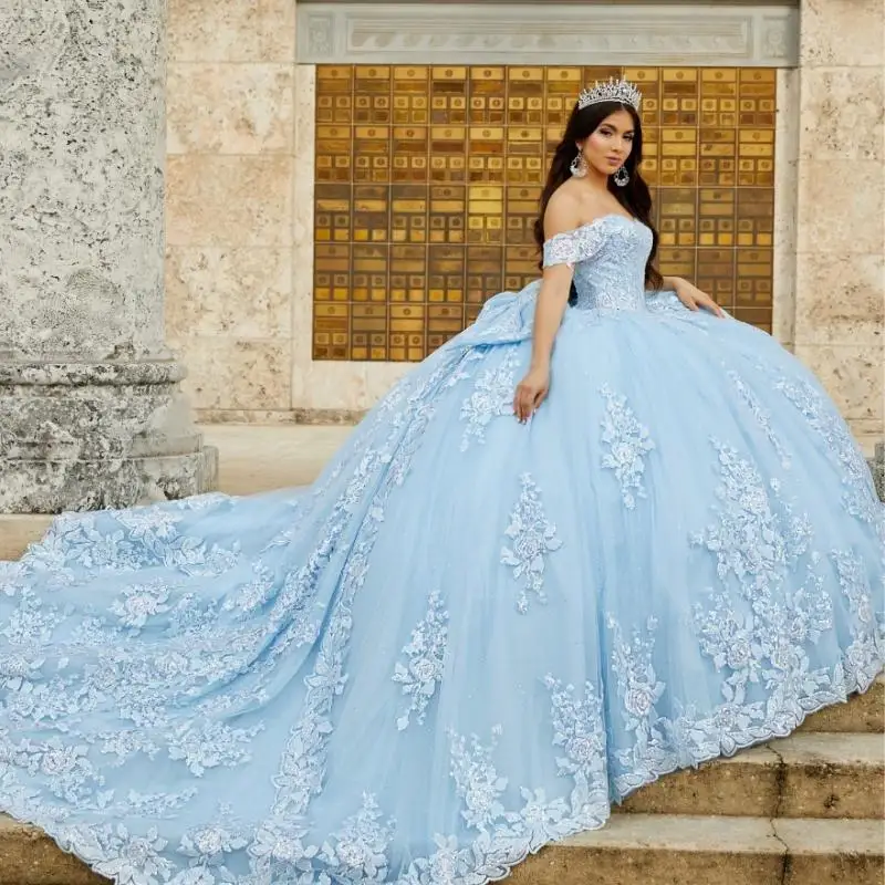 

Elegant Blue Quinceanera Dress 2024 Ball Gown Lace Appliques Sequins Beading Sweet Party Gown Vestido