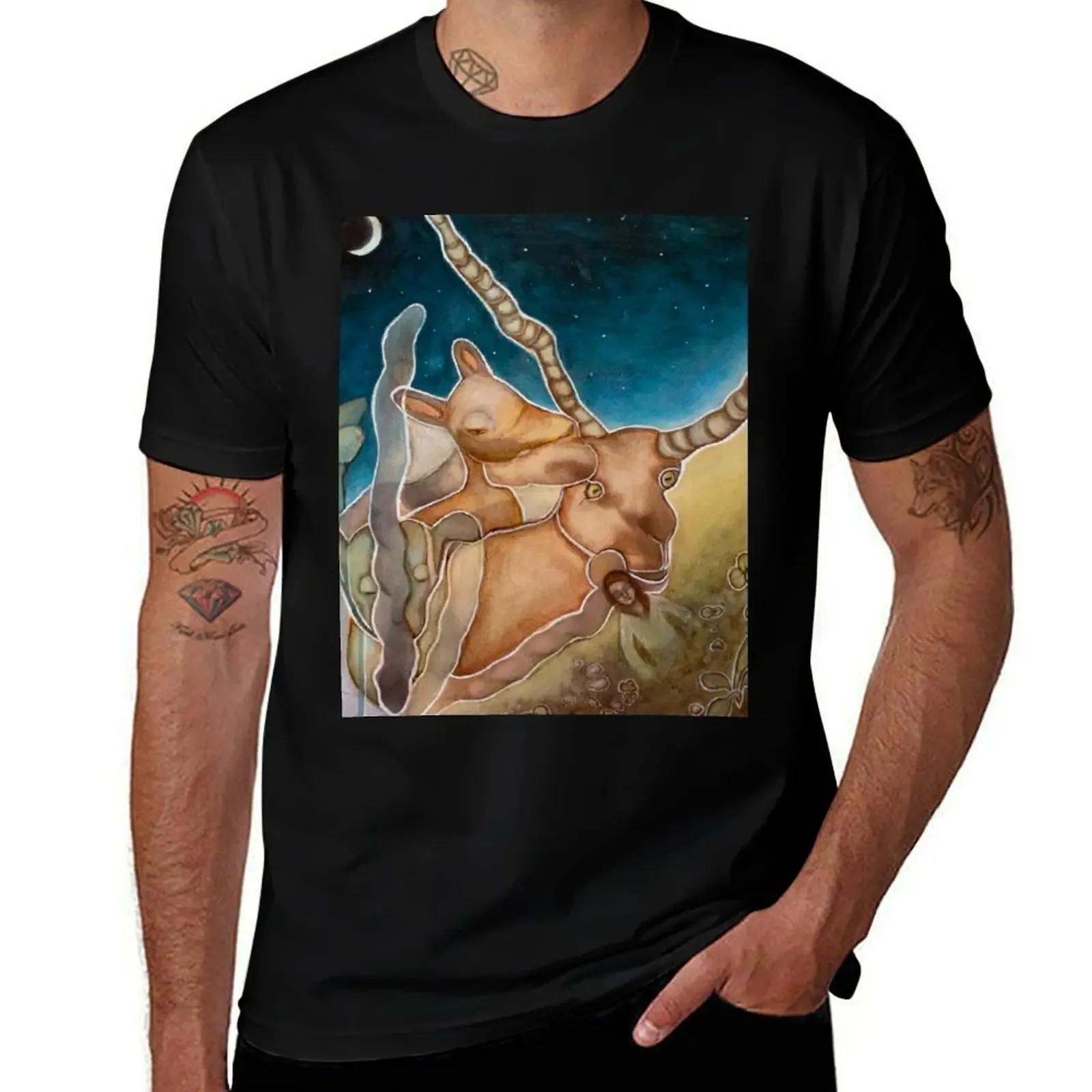 Goat With Crooked Horns, original art shirt T-Shirt kawaii clothes vintage blacks t shirts for men pack