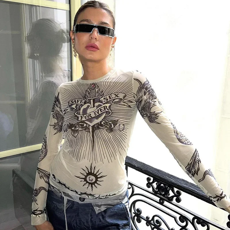 Europe and the United States new autumn crew-neck long-sleeved pullover print micro transparent fashion casual women's coat