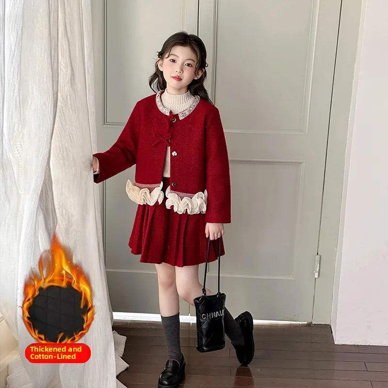 Thiened herfst winter Princ Sle Dr set voor meisjes knoop decoratie lange Sve ronde Ne katoen vrijetijdskleding