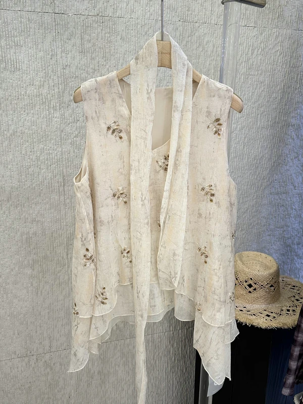 

Vacation Style Beaded Sequin Print Sash Shirt Women's Loose Fit Asymmetrical Hem Chiffon Top Mid-Length Plant Floral Print