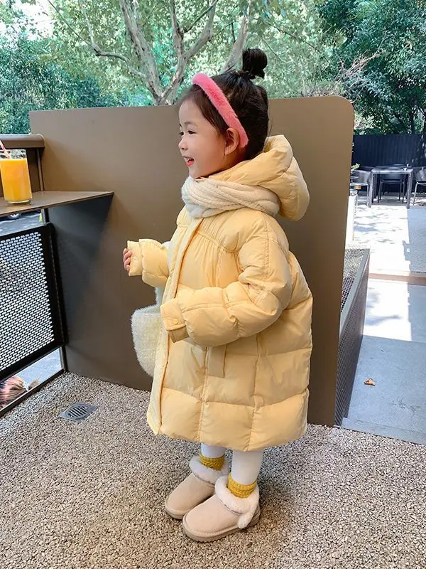 

Girls Duck down Jacket Thickened Medium Length Fashionable Outerwear Winter Clothes Baby Coat Trendy Pure Color Sweet Style