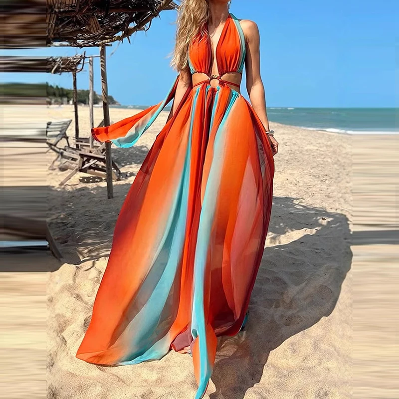 Casual Halter Split Robe Dresses Ladies Fashion Printed Pleated High Waist Dress New Summer Hollow Out Sleeveless Bohemian Dress