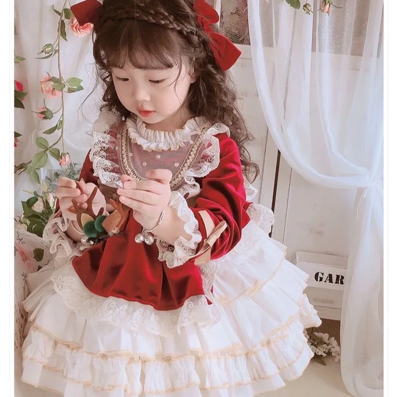 2024Girls\' Autumn and Winter Lolita Western Style New Year\'s Day Dress Birthday Christmas Velvet Princess Dress